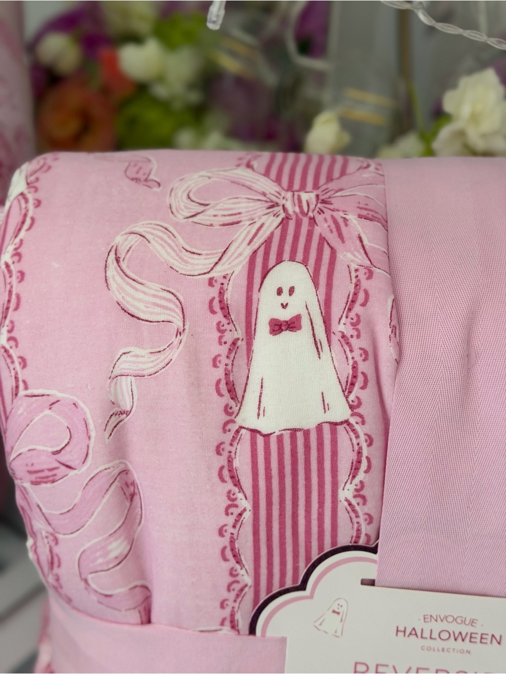 Envogue Pink Coquette Ghost Bow Lace Ruffle Trim Gauze Reversible Throw Blanket - Picture 3 of 7